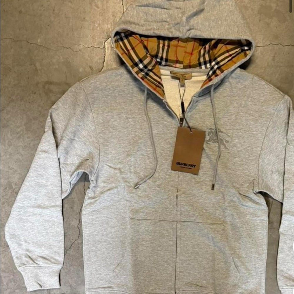 Burberry Light Gray Hoodie with Plaid Hood